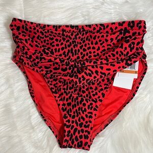 NWT Michael Michael Kors Sea Coral Red Leopard Ruched Bikini Bottom